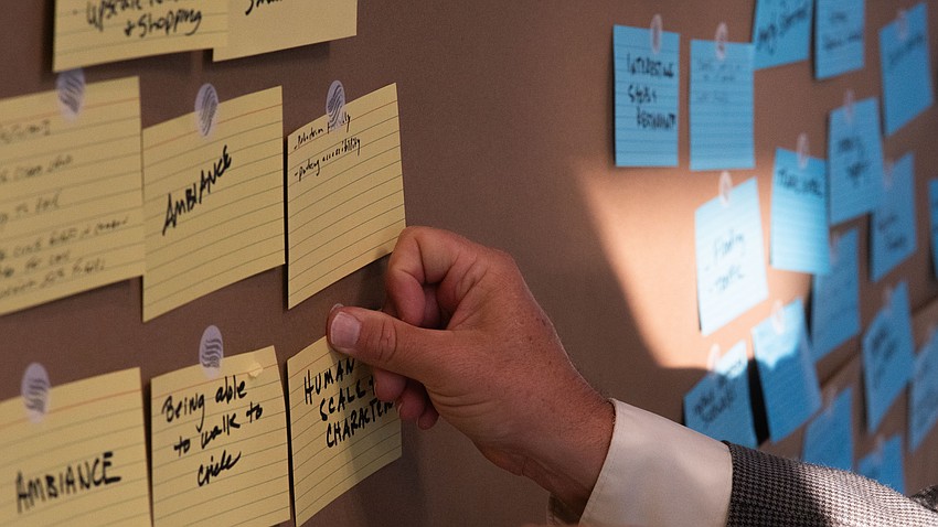 At a St. Armands Visioning Session held at Mote Marine Laboratory’s Keating Marine Education Center Thursday, Feb. 26, participants were asked to write on and place note cards on a vision board. On one side, participants wrote on yellow index cards what their favorite things about St. Armands Circle were, and on the other side the most significant areas for improvement were written on blue note cards.