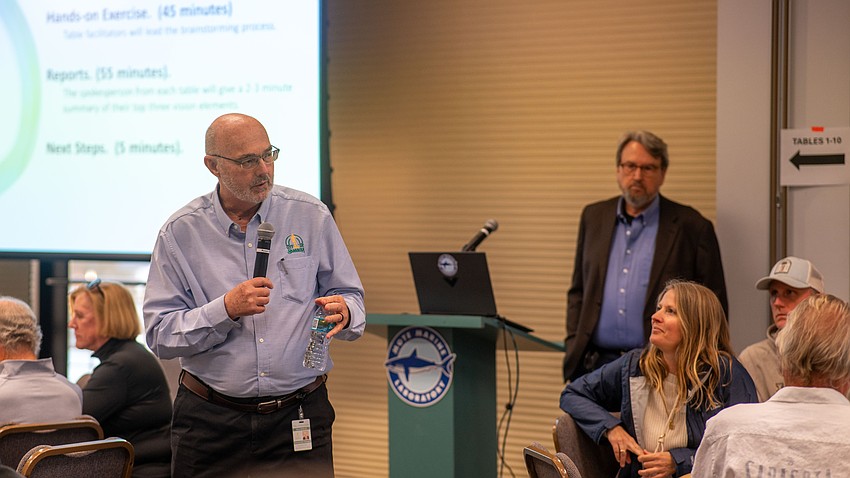 Former Sarasota Interim City Manager Dave Bullock spoke to participants at the St. Armands Visioning Workshop Thursday, Feb. 26 at Mote Marine Laboratory’s Keating Marine Education Center.
