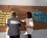 At a St. Armands Visioning Session held at Mote Marine Laboratory’s Keating Marine Education Center Thursday, Feb. 26, participants were asked to write on and place note cards on a vision board. On one side, participants wrote on yellow index cards what their favorite things about St. Armands Circle were, and on the other side the most significant areas for improvement were written on blue note cards.