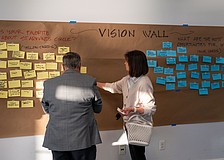 At a St. Armands Visioning Session held at Mote Marine Laboratory’s Keating Marine Education Center Thursday, Feb. 26, participants were asked to write on and place note cards on a vision board. On one side, participants wrote on yellow index cards what their favorite things about St. Armands Circle were, and on the other side the most significant areas for improvement were written on blue note cards.