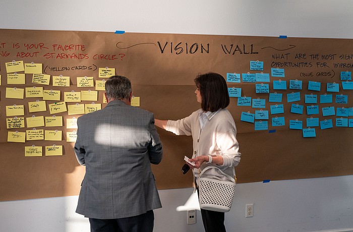 At a St. Armands Visioning Session held at Mote Marine Laboratory’s Keating Marine Education Center Thursday, Feb. 26, participants were asked to write on and place note cards on a vision board. On one side, participants wrote on yellow index cards what their favorite things about St. Armands Circle were, and on the other side the most significant areas for improvement were written on blue note cards.