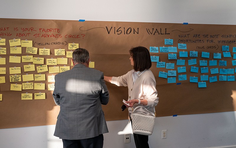 At a St. Armands Visioning Session held at Mote Marine Laboratory’s Keating Marine Education Center Thursday, Feb. 26, participants were asked to write on and place note cards on a vision board. On one side, participants wrote on yellow index cards what their favorite things about St. Armands Circle were, and on the other side the most significant areas for improvement were written on blue note cards.