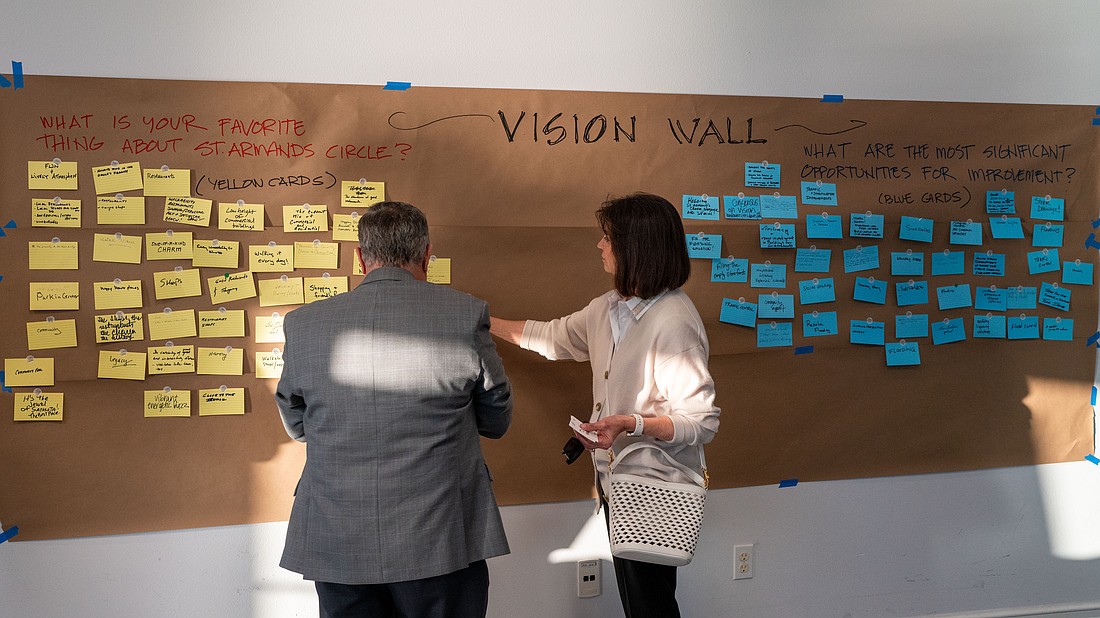 At a St. Armands Visioning Session held at Mote Marine Laboratory’s Keating Marine Education Center Thursday, Feb. 26, participants were asked to write on and place note cards on a vision board. On one side, participants wrote on yellow index cards what their favorite things about St. Armands Circle were, and on the other side the most significant areas for improvement were written on blue note cards.