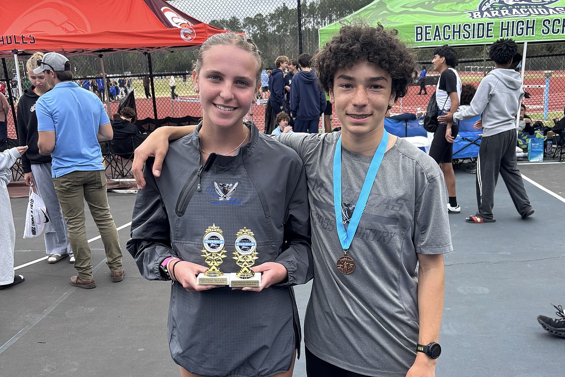 Matanzas sophomore Peyton Cerasi and freshman Dylan Ciardi broke school distance records at Ponte Vedra. Cerasi won two events. Courtesy photo