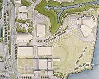 A scale model provided by Renzo Piano Building Workshop shows the positioning of the Sarasota Performing Arts Center at the bottom, flanked by two parking garages. The Van Wezel (upper right) parking lot converted into elevated park space.