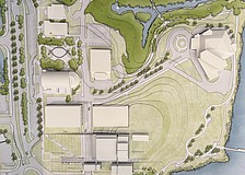 A scale model provided by Renzo Piano Building Workshop shows the positioning of the Sarasota Performing Arts Center at the bottom, flanked by two parking garages. The Van Wezel (upper right) parking lot converted into elevated park space.