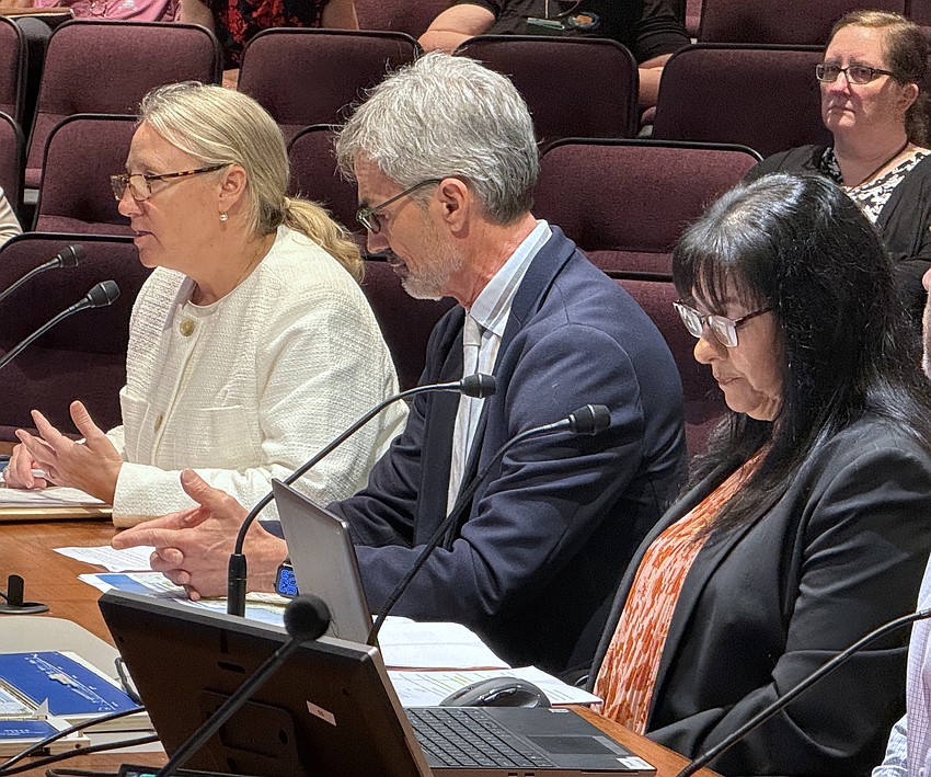 Newly named Interim City Manager Jennifer Jorgensen (left), Jerry Sparkman of Sweet Sparkman Architecture and Sarasota Performing Arts Foundation CEO Tania Castroverde Moskalenko present Concept 2.0 of the Performing Arts Hall plan.