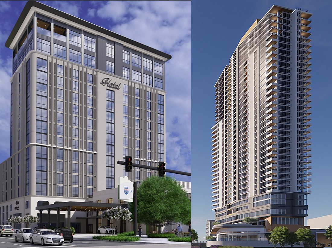Renderings of the proposed dual-brand Marriott hotel on the Baptist Health campus (left) and Fleet Landing high-rise retirement community at the former Haskell headquarters. Both projects are planned in in Downtown Jacksonville.