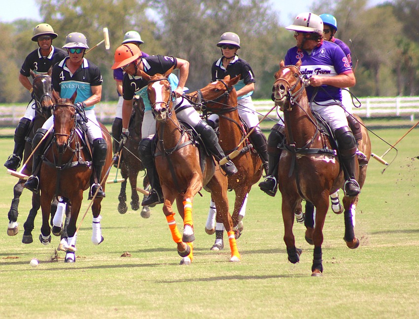 Hillcroft/Investus Trevor Niznik leads a calvary charge of players to the ball during a match against Avalon Farms March 8 at the Sarasota Polo Club.