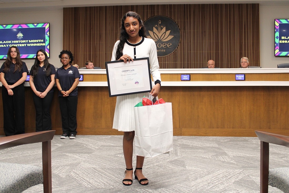 Hope Charter School’s Roshni Beharrysingh was the overall winner of the essay contest. She received a $200 Best Buy gift card, dinner for four donated by Chick-fil-A Ocoee and a gift bag with city of Ocoee items.