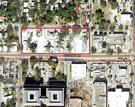 The the site of the proposed 1899 Fruitville apartment development is outlined in red.