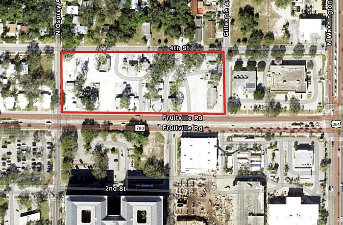 The the site of the proposed 1899 Fruitville apartment development is outlined in red.