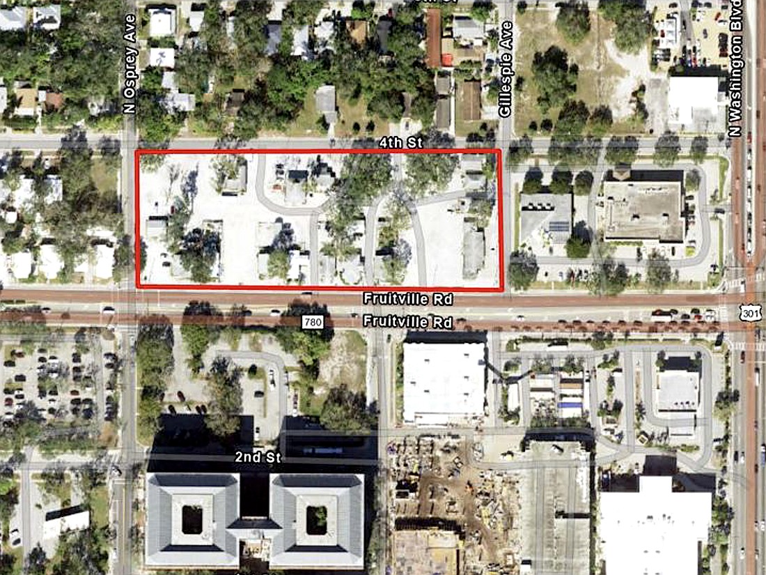 The the site of the proposed 1899 Fruitville apartment development is outlined in red.