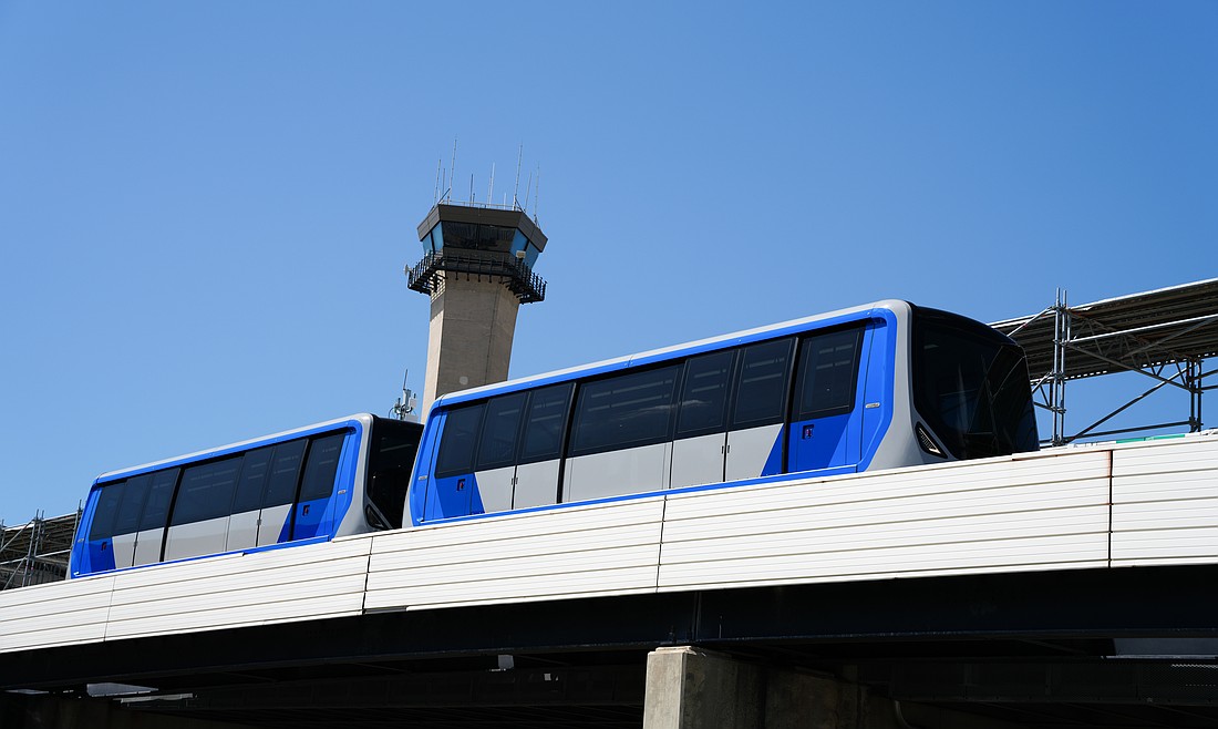 A new Blue automated shuttle car at Tampa International Airport, part of the $91 million upgrade to the airport’s terminal transit system.