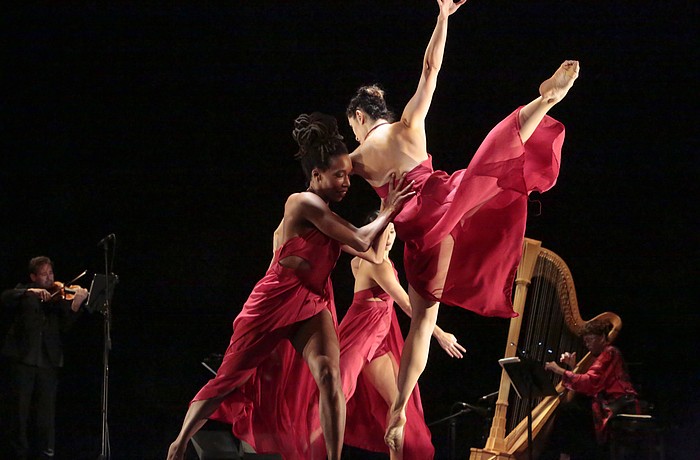 Former Boston Symphony Orchestra Ann Hobson Pilot plays the harp during Sarasota Contemporary Dance Company's tango-inspired program, "SCD + Piazzolla."