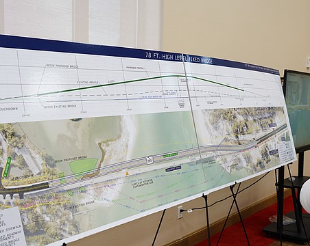 Longboat Key resident Cathy Ross looks at FDOT plans for a fixed-span bridge to replace the drawbridge currently connecting Longboat Key to Anna Maria Island at a public meeting at Christ Church Thursday, March 13.