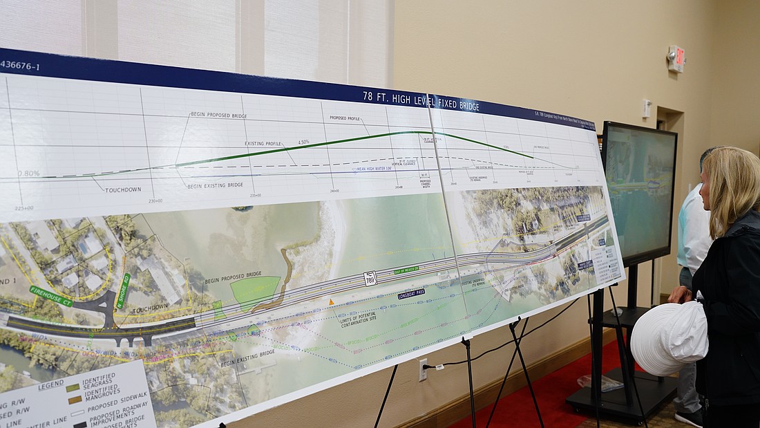 Longboat Key resident Cathy Ross looks at FDOT plans for a fixed-span bridge to replace the drawbridge currently connecting Longboat Key to Anna Maria Island at a public meeting at Christ Church Thursday, March 13.
