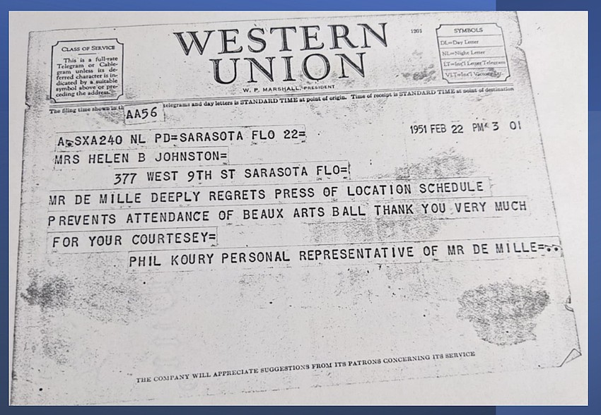 A telegram from Cecile B. DeMille's assistant from 1951.