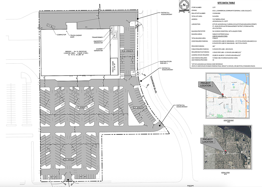 A master site plan filed with city utility JEA for the Publix at Merrill Road and Townsend Boulevard shows the supermarket would build an almost 55,000-square-foot store and a 2,100-square-liquor store to replace its existing supermarket and liquor store there. A master site plan filed with city utility JEA for the Publix at Merrill Road and Townsend Boulevard shows the supermarket would build an almost 55,000-square-foot store and a 2,100-square-liquor store to replace its existing supermarket and liquor store there.