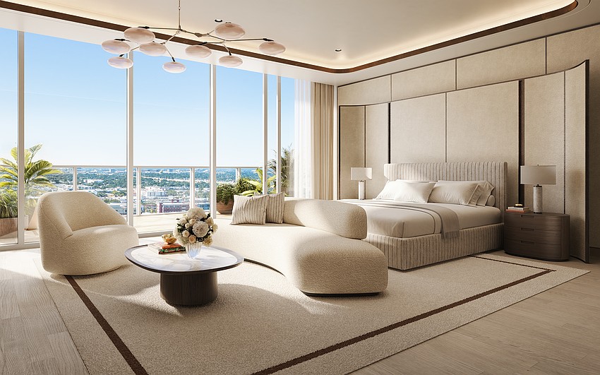 A rendering of the primary bedroom inside the 38th-floor penthouse of Pendry Residences Tampa. A rendering of the primary bedroom inside the 38th-floor penthouse of Pendry Residences Tampa.