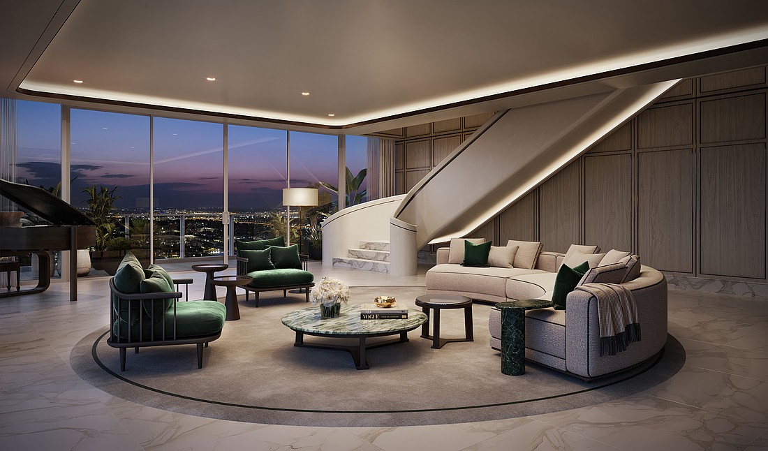 A rendering of a living room inside the 38th-floor penthouse of Pendry Residences Tampa.