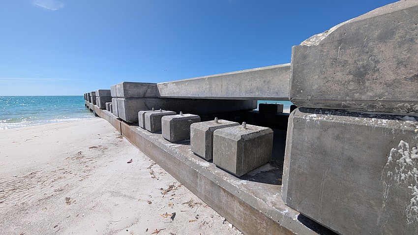 There are two  concrete permeable adjustable groins on the north end of Longboat Key. By adding and removing concrete blocks from the groins, the amount of sediment that passes through from the current can be changed.