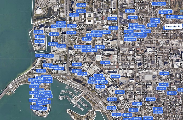 Condos and single-family homes for sale dot the map of downtown Sarasota and its adjacent neighborhoods.