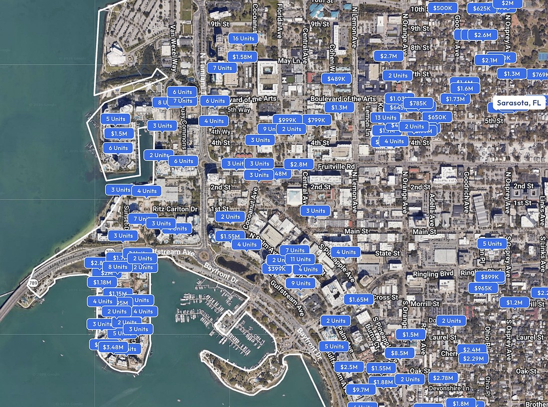 Condos and single-family homes for sale dot the map of downtown Sarasota and its adjacent neighborhoods.