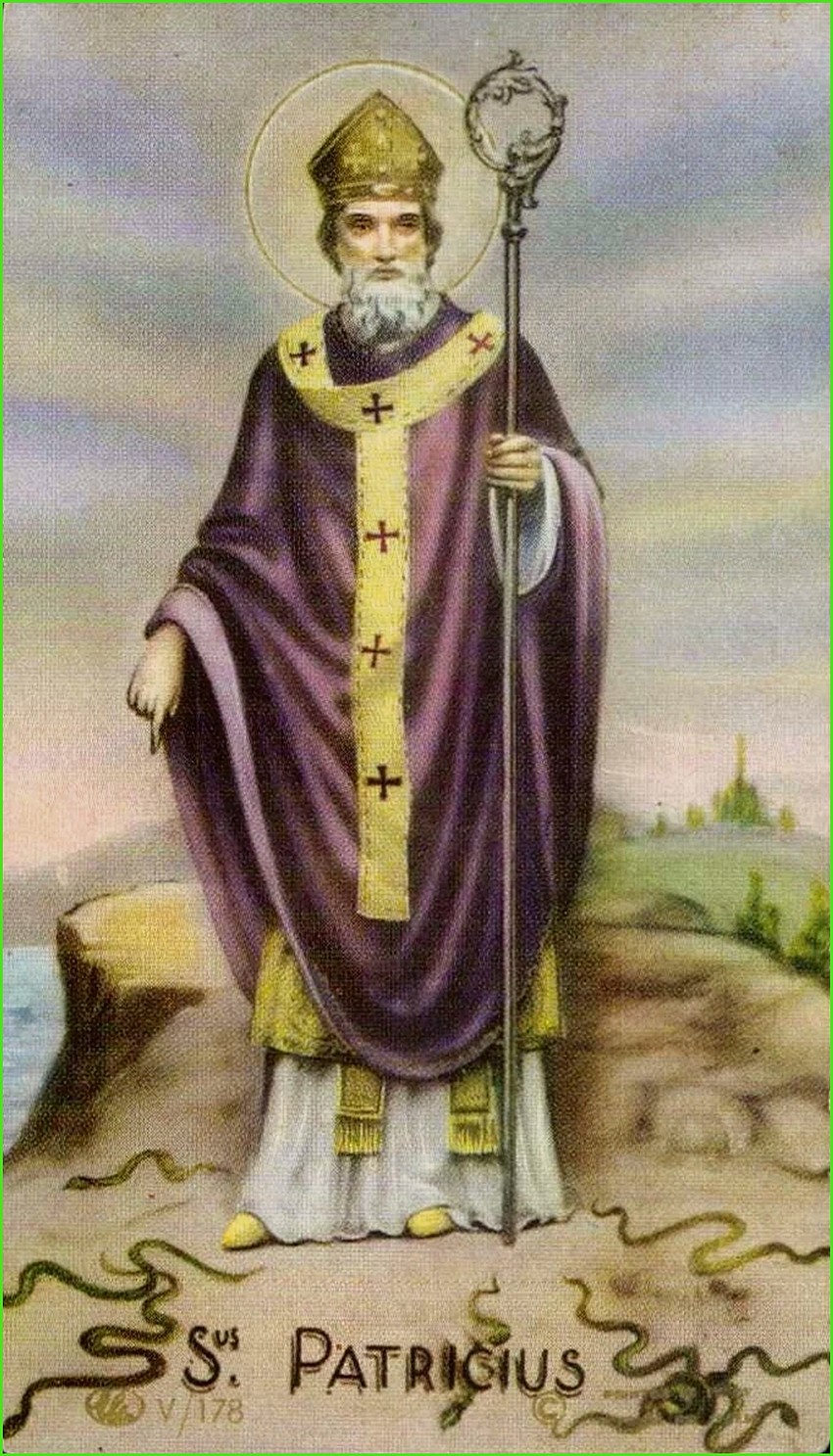 St. Patricius banishing snakes from Ireland. A vintage Holy Card, circa 1940s. Courtesy of Randy Jaye