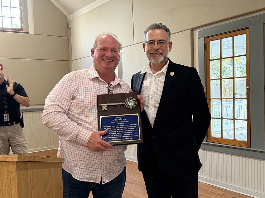 Former Windermere Mayor Jim O’Brien received a key to the town from Mayor Andy Williams, who was sworn in Tuesday, March 10.