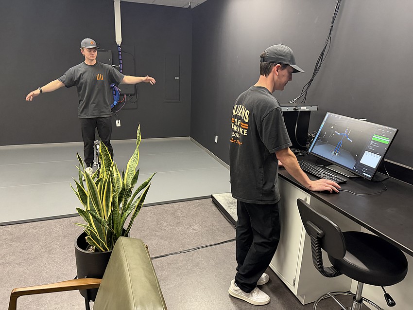 Kevin Bane, right demonstrates the DARI Motion 3D functional movement screening on Mac Carnell, a strength and conditioning specialist at Audens Golf Performance.