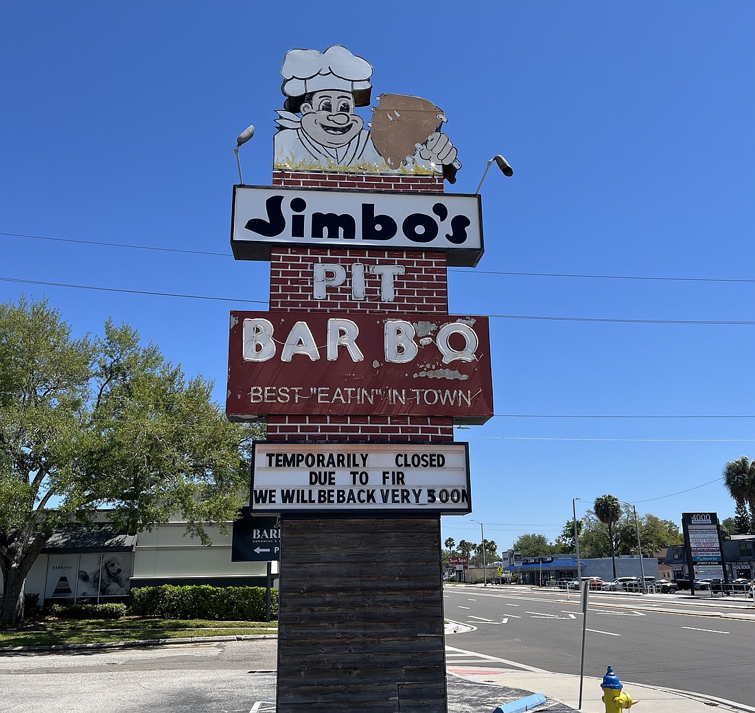 Jimbo's Pit Bar B-Q on Kennedy Boulevard in Tampa is closed as crews repair damage following an early March kitchen fire.
