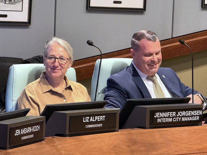 Until Karie Friling officially begins her duties as Sarasota city manager in two months, Jennifer Jorgensen, seated at the dais next to Deputy City Manager Patrick Robinson, will serve as the city's third interim city manager.
