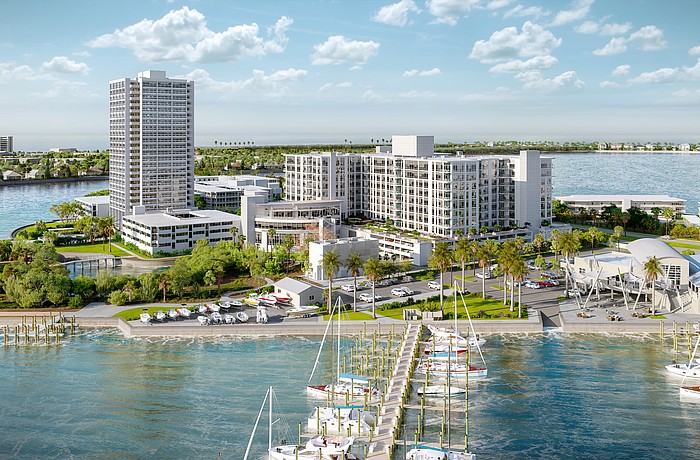 A conceptual rendering of the planned expansion of Plymouth Harbor. The new residential tower is at the right.