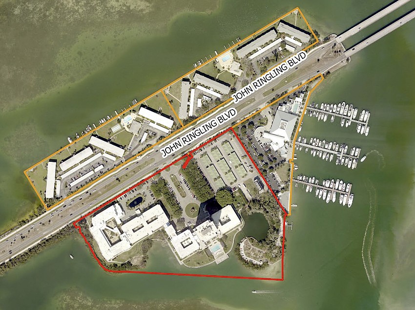 The Plymouth Harbor campus at 700 John Ringling Boulevard is outlined in red. The expansion is planned for the upper right corner of the site adjacent to Sarasota Yacht Club. The Plymouth Harbor campus at 700 John Ringling Boulevard is outlined in red. The expansion is planned for the upper right corner of the site adjacent to Sarasota Yacht Club.