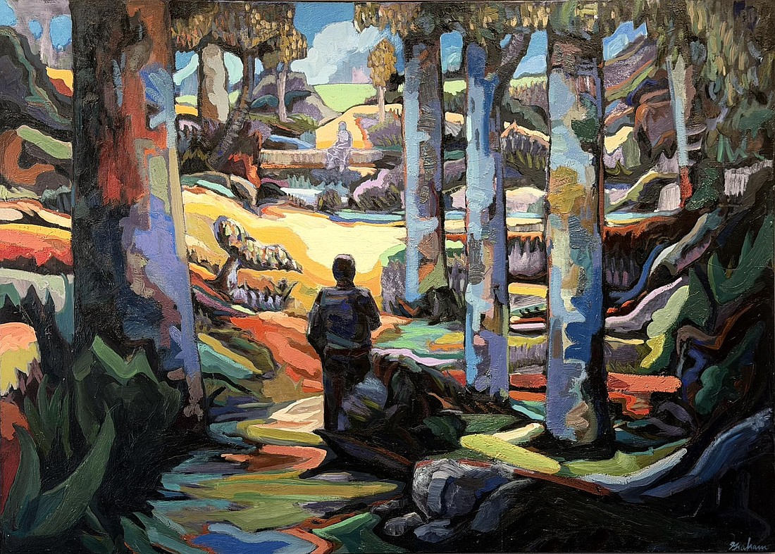 “The Phoenix and the Dove” by J.J. Graham, featured in the “New Paintings from an Untamed Hill” exhibition at Galerie Elan.