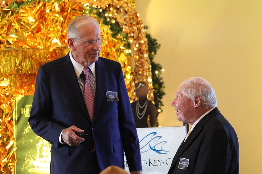 Friars Club president Chuck Eldridge brings John Westerberg to the stage to remember when the club dinner used to bring a crowd of 40 people. Now, they welcome 180 attendees to the event.
