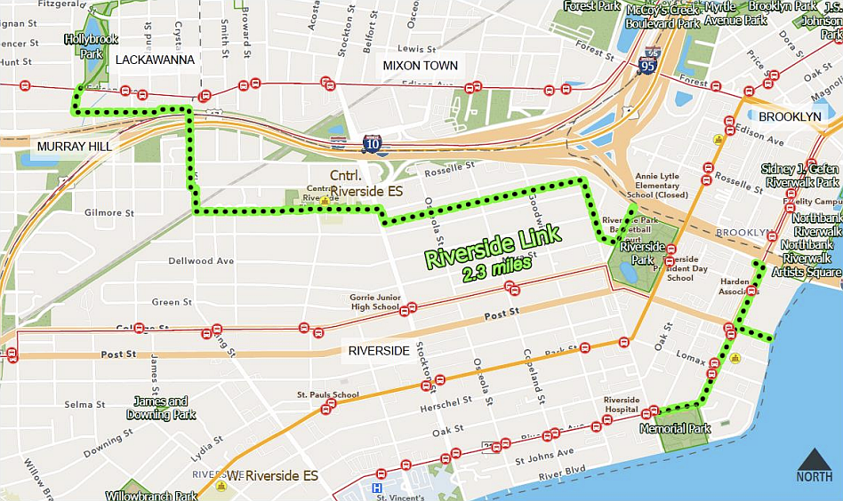 A map showing the 2.3-mile Riverside Link.