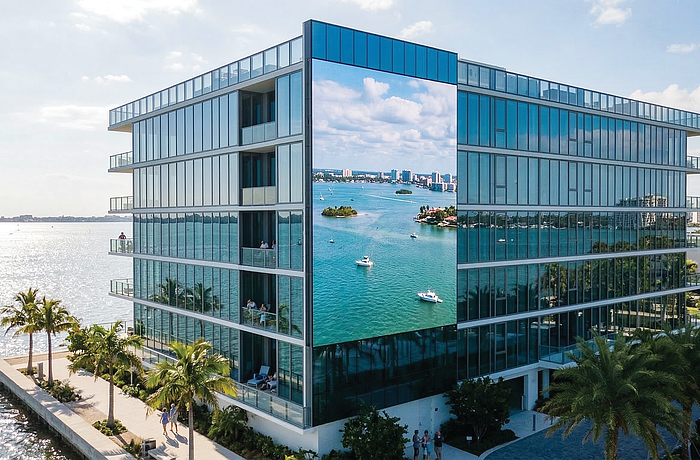 A test building in San Diego demonstrates the see-through technology. Sarasota’s proposal would be nearly seven times higher and covered in video panels.