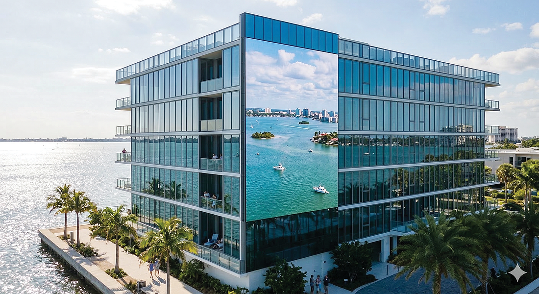 A test building in San Diego demonstrates the see-through technology. Sarasota’s proposal would be nearly seven times higher and covered in video panels.