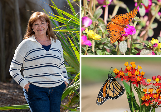 Garden Club President Melanie Dale helps lead efforts to beautify and support the Longboat Key community. Butterflies visit flowering plants cultivated to support pollinators, reflecting the club's focus on sustainable, Florida-friendly landscapes.