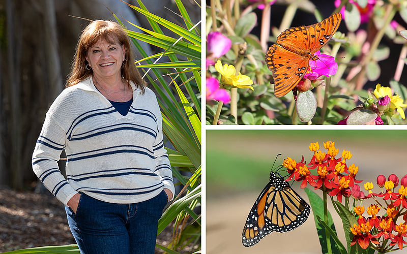 Garden Club President Melanie Dale helps lead efforts to beautify and support the Longboat Key community. Butterflies visit flowering plants cultivated to support pollinators, reflecting the club's focus on sustainable, Florida-friendly landscapes.