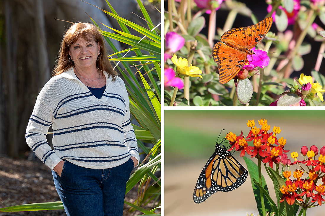 Garden Club President Melanie Dale helps lead efforts to beautify and support the Longboat Key community. Butterflies visit flowering plants cultivated to support pollinators, reflecting the club's focus on sustainable, Florida-friendly landscapes.