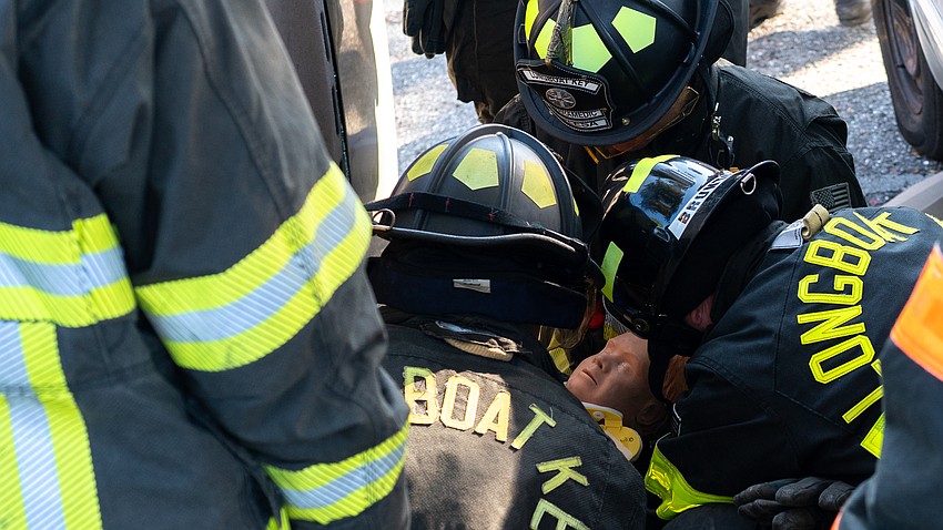 A child-sized dummy was pulled from a vehicle that Longboat Key firefighter paramedics removed the roof of on Thursday, March 26.