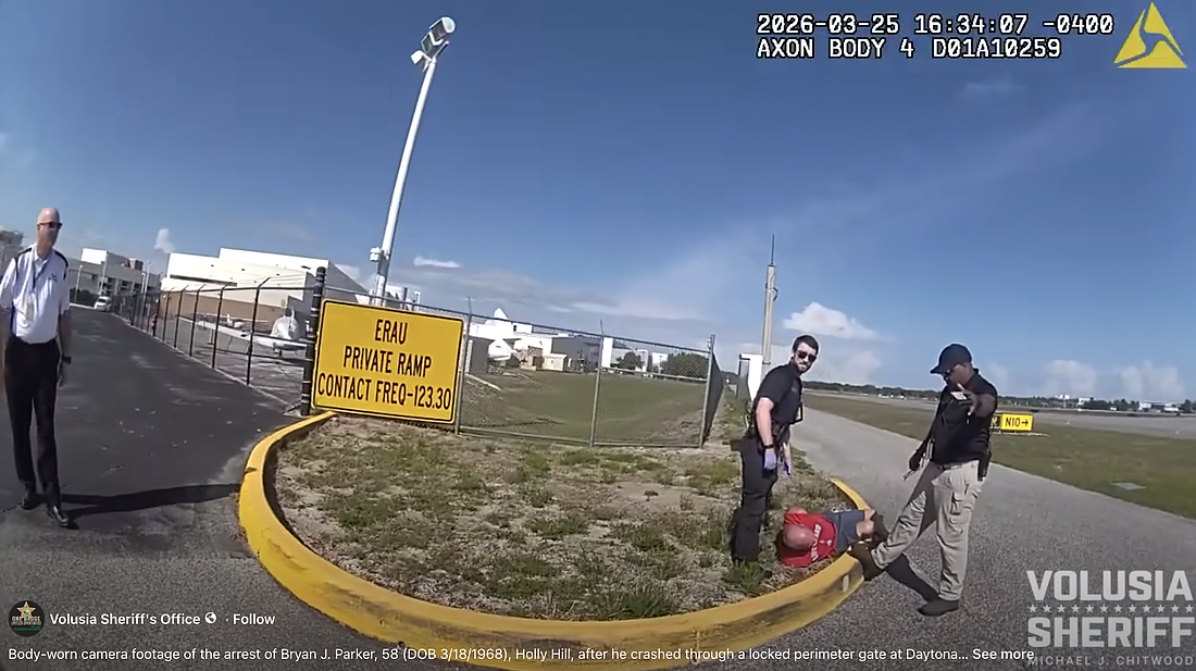 The Volusia Sheriff's Office released body camera footage of Bryan Parker's arrest after he crashed through a secure gate at the Daytona Beach International Airport on Wednesday, March 25. Courtesy of VSO/Facebook