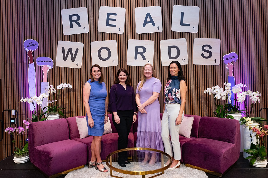 Sarasota Memorial Healthcare Foundation President Stacey Corley with panelists Dr. Kelly Hamel, Dr. Sarah Kimball and Dr. Angela Boldo