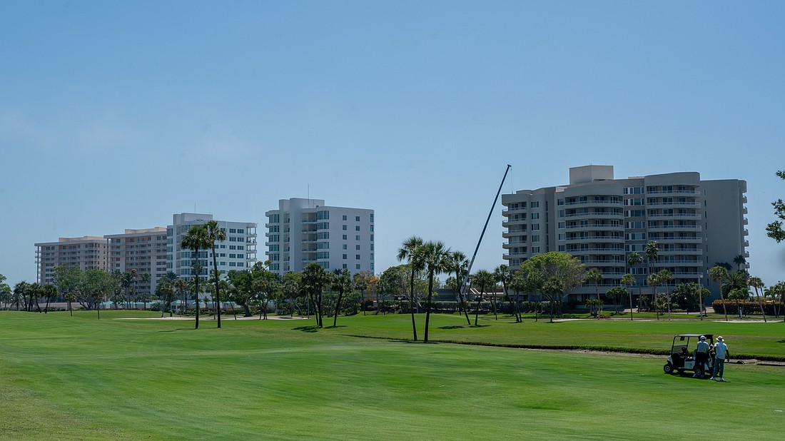 The southern end of Longboat Key feature many mid-rise condo buildings including the Beaches of Longboat Key (right, built in 1984), Regent Place of Longboat Key (middle two buildings, built in 1995) and Longboat Key Towers (left two buildings, built in 1970).
