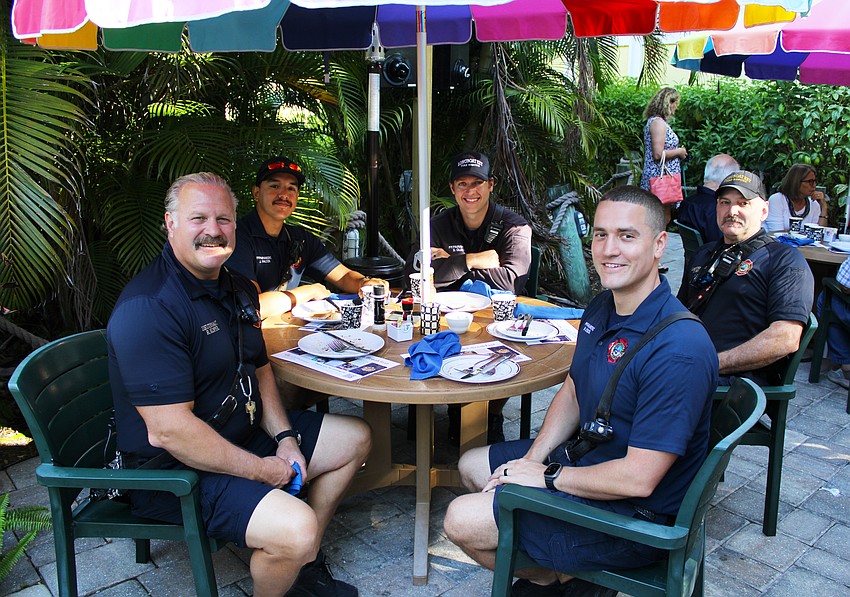 Longboat Key first responders showed their support for the Kiwanis Club of Longboat Key pancake fundraiser March 28 at the Lazy Lobster. From left, Lt. Ron Koper, FF/Paramedia Josh Falcon, FF/Paramedic David Oliger, FF/Paramedic William Lewis and Lt. Tim Haas.