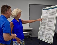 Kelley Klepper, a vice president and senior planner for Kimley-Horn, speaks with Indigo’s Suzanne Henke following the Envision Manatee presentation at the Lakewood Ranch Library March 28.
