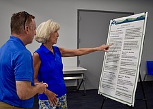 Kelley Klepper, a vice president and senior planner for Kimley-Horn, speaks with Indigo’s Suzanne Henke following the Envision Manatee presentation at the Lakewood Ranch Library March 28.